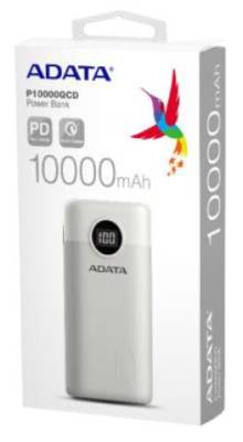 Adata Ap10000qcd-Dgt-Cwh P10000qcd White Powerbank 10000mah(37wh) , Qualcomm Quick Charge 3.0 , Pd3.0 Fast Charge , Resilient Plastic With Fire-Retardant , 5v/3a Or 9v/2a Input For Fast Charging + Triple Output ( 2x Usb Type-A + 1x Usb3 Type-C ) , For Ap