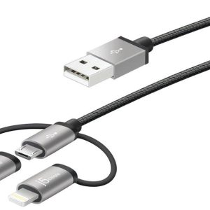 5create Jmlc10 / Jmlc11 Black 3-In-1 Universable Sync+Charge Cable – Aluminum Housing + Nylon Braided Cable – Apple Mfi Certified – 100cm – Usb3.0 To Microusb + Lightning 8pins + Type-C