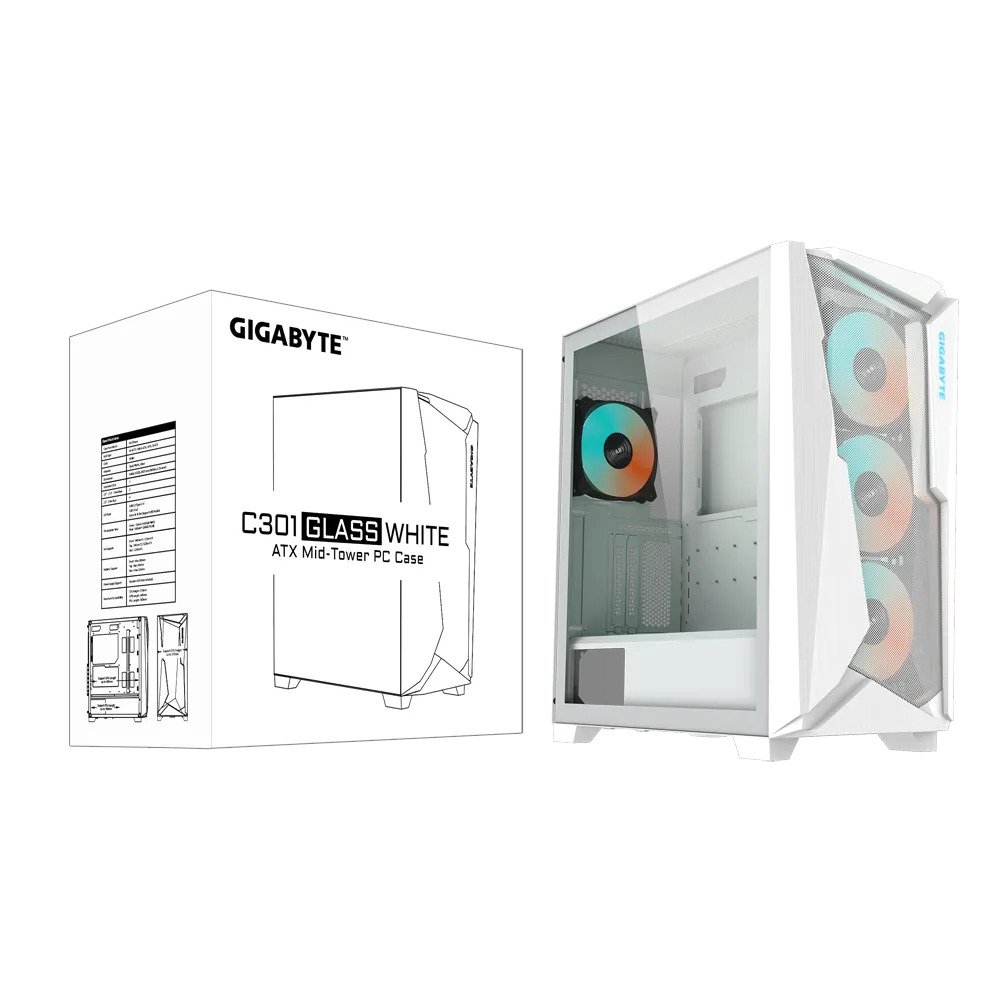 Gigabyte C301gw – 4mm Tempered Glass – White Support Vertical Graphics Card Mount ( Riser Kit Required ) Intergrated Rgb Fusion 2.0 In 4 Zones Built-In Argb And Pwm Connector 6 Ports Hub With Control Button Dedicated Chamber For Psu + Hdd Bay No Psu