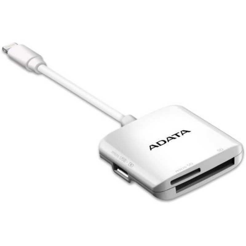 Adata Alrai910cwh Card Writer/Reader For Microsdhc/Sdxc / Sdhc/Sdxc Dual Slots With Lightning + Microusb+ Usb Triple Interface ( For Andriod/Apple/Windows ) Support 2.1a Power Charging While Transferring – 129x39x8mm