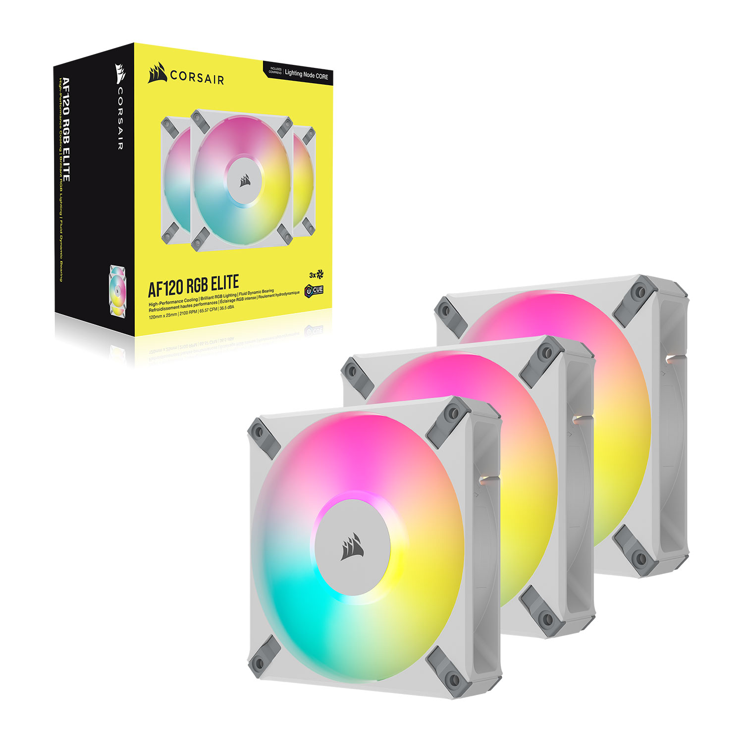 Corsair Co-9050158-Ww Af120 Elite Rgb Tripple X3 Kit White + Controller ( Lighting Node Core ) – With 8x Rgb Leds 120x120x25mm Fluid Dynamic Bearing 7 Blades Pwm Fans With Airguide 550-2100rpm 5-34dba 13.8-65.7cfm 0.17-2.68mm/H2o Static Pressure