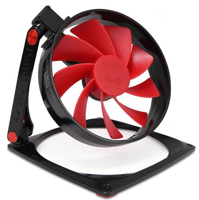 Inwin Mars With Red Fin – Multi-Function Case Fan – With Fan Arm ( 3 Rotating Hinges To Adjust Position + Angle ) 2.5mm Modular Connector For Daisychain ( No Controller Required ) With 2.5mm To Usb Function As Desktop Usb Fan Aluminium + Shockproof Rub