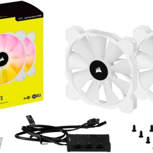Corsair Co-9050160-Ww Af140 Elite Rgb Dual X2 Kit White + Controller ( Lighting Node Core ) – With 8x Rgb Leds 140x140x25mm Fluid Dynamic Bearing 7 Blades Pwm Fans With Airguide 500-1700rpm 5-33.8dba 19.5-89cfm 0.16-2mm/H2o Static Pressure