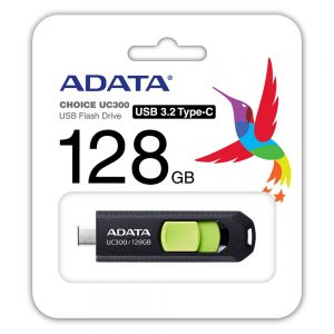 Adata Acho-Uc300-128g-Rbk/Gn 128gb Uc300 Flash Drive With Keyring Loop + Capless Sliding Design Usb3 (Gen1/5gbps) Type-C For Pc Or Mobile Devices Read/Write : 100/15 Mb/Sec 63×20.5x10mm Mini Size Support Linux Mac Os – 5 Years Warranty