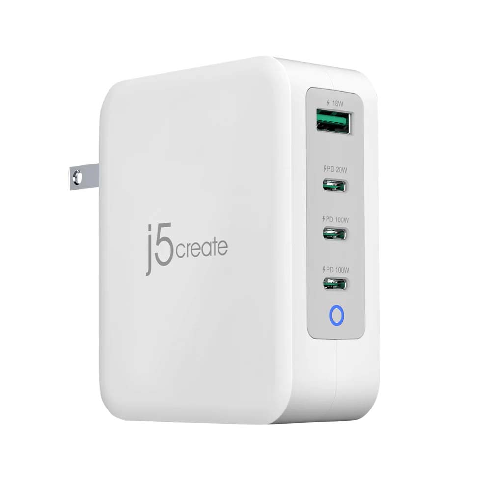 J5 Create Jup43130 130w Gan Usb-C 4-Port Wall Charger – Support Pd3.0 / Qc4.0 – 3x Type-C ( Upto 100w ) + 1x Type-A ( Upto 18w ) 87x69x32mm With Ac-Adapter