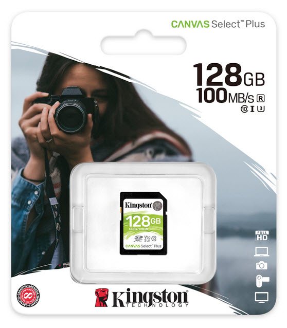 Kingston Sds2/128gb Sdxc Canvas Select Plus - Designed For Hd+Hi-Res Filming With Water/ Temperature/ Shock/ Vibration/ X-Ray Proof ( Secure Digital Extended Capacity 24x32x2.1mm ) Not Compatible With Sdhc Only Camera/Reader Uhs-I U1 ( Uhs-I / Sd3.0