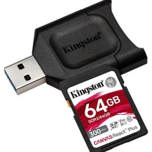 Kingston Sdr2/64gb Canvas React Plus Sdxc 24x32x2.1mm Uhs-Ii U3 V90 A1 ( 16pin Dual Channel Compatiable With Old Uhs-I Device/Reader ) Not Compatible With Sdhc Only Device/Reader Read/Write : 300/260mb/Sec - Lifetime Warranty Retail Pack