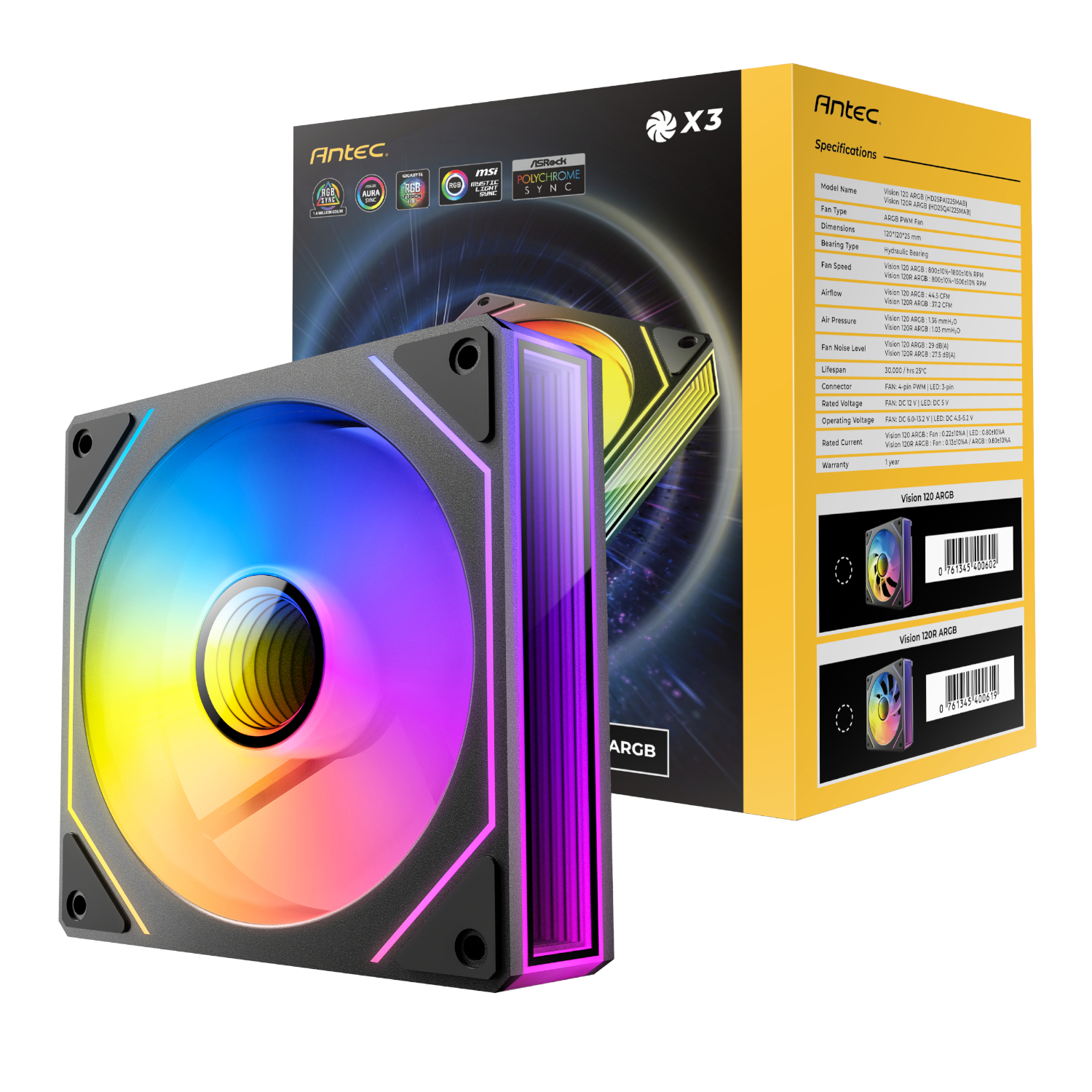 Antec Vision Pwm 120mm Argb Reverse Infinity Mirror Case Fan 3 Pack Black
