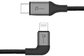 J5 Create Jalc15 Black Sync+Charge Cable , Right-Angled Design - Type-C/Thunderbolt To Lightning 8pins - Aluminum Housing + Pet Tough Braided Wire Cable - Apple Mfi Certified - 120cm