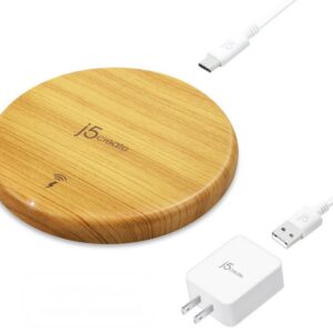 J5 Create Jupw1101w 1-Coil Wireless Charging Pad With Wood Finish - With Non Slip Base + Built-In Led Indicator + Surge Protection + Foreign Object Warning , +/- 8mm Electric Field For Thick Phone Case , Tangle-Free Flat Cable Design , Lightweight 79.5g ,