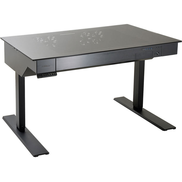 Lian-Li Dk-04 Computer Desk- Tempered Glass Desktop + Aluminm With Electrical Height Adjustment System ( 4 Settings With Memory Buttons ) Pw-Pci-E38 Pci-E16x Riser Cable ( To Install Vga Card Horiziontally ) With Built-In Led50rgb-2 Led Rgb Color Chang