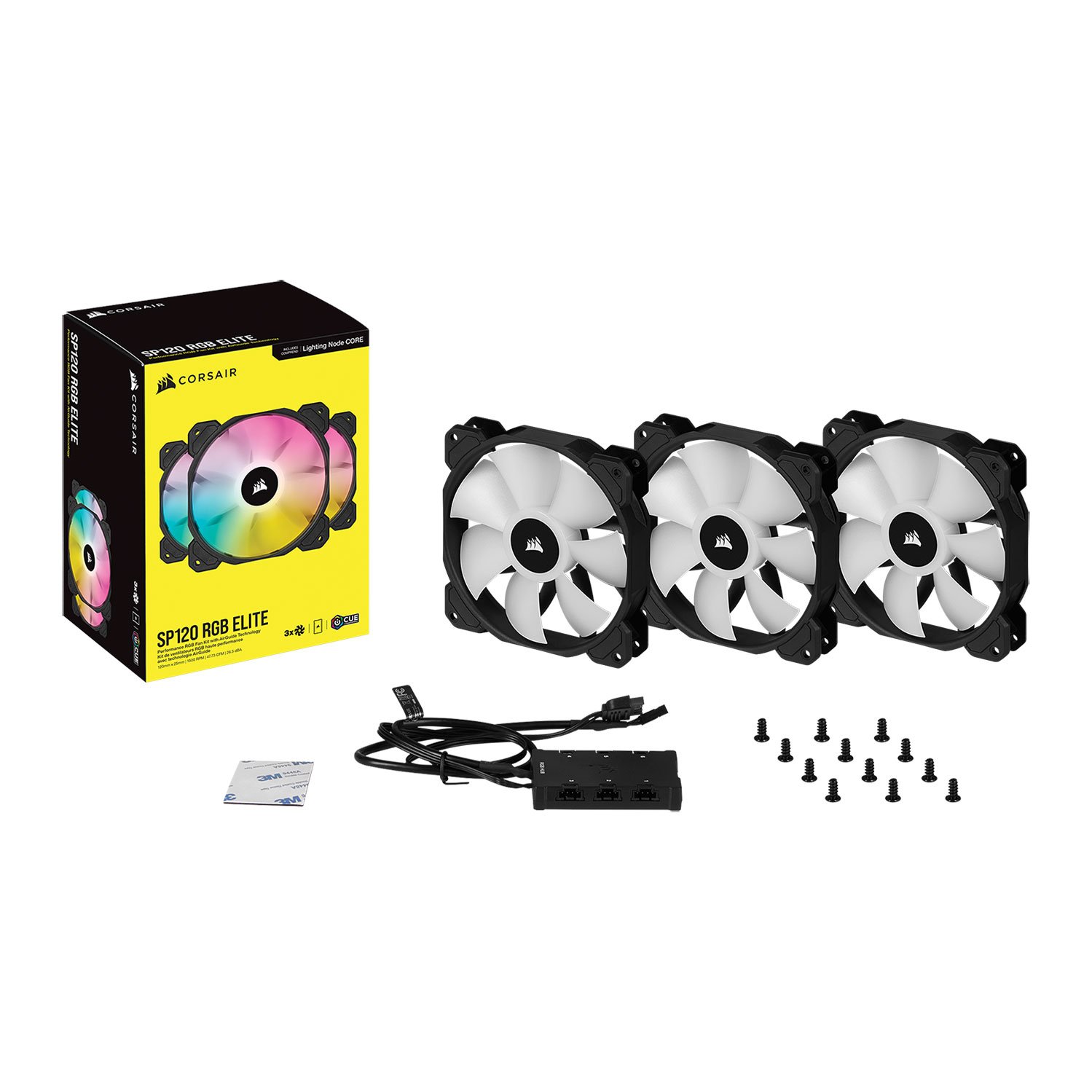 Corsair Co-9050109-Ww Sp120 Rgb Elite Tripple (X3) + 6port Hub ( Lighting Node Core ) - With 8x Rgb Leds 4x Lighting Effects ; 120x120x25mm Advanced Hydraulic Bearing 7 Blades Rubber Corners For Noise Reduction 550-1500rpm 18-26.5dba 16.91-47.73cf