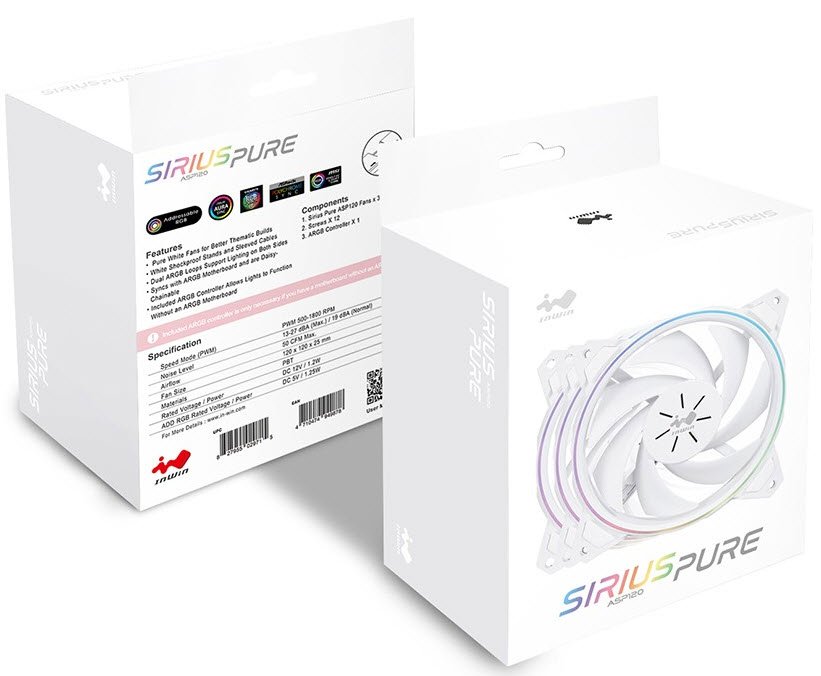 Inwin Asp120 Sirius Loop White ( Pure ) Argb X3 Kit + Controller - Dual-Looped Rings Of Rgb Lighting ; 120x120x25mm 7x Black Sickle Blades Pwm Fans Shockproof Rubber Corners For Noise Reduction 500-1800rpm 27dba 50 Cfm 1.67 Mm/H2o Static Pressure