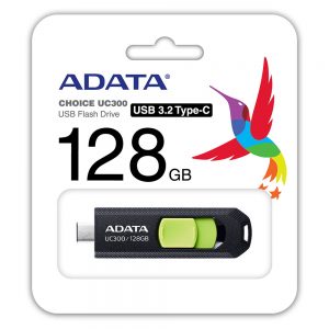Adata Acho-Uc300-128g-Rbk/Gn 128gb Uc300 Flash Drive With Keyring Loop + Capless Sliding Design Usb3 (Gen1/5gbps) Type-C For Pc Or Mobile Devices Read/Write : 100/15 Mb/Sec 63x20.5x10mm Mini Size Support Linux Mac Os - 5 Years Warranty
