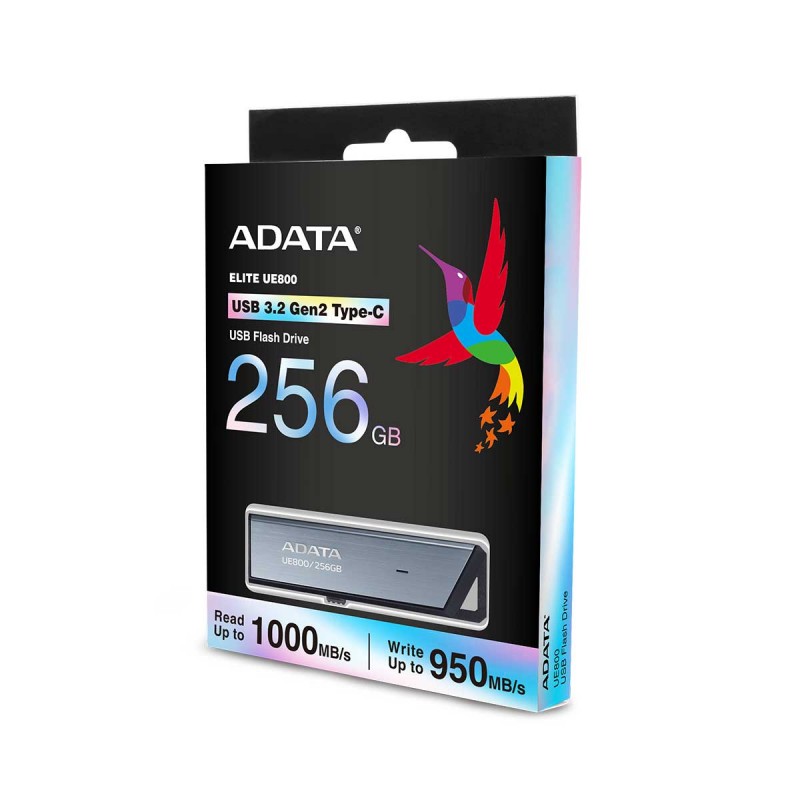 Adata Aeli-Ue800-256g-Csg 256gb Ue800 Flash Drive With Metal Casing + Keyring Loop Usb3 (Gen2/10gbps) Type-C For Pc Or Mobile Devices Read/Write : 1000/950 Mb/Sec Capless Sliding Design 73x21x9mm Support Linux Mac Os - 5 Years Warranty