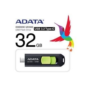 Adata Acho-Uc300-32g-Rbk/Gn 32gb Uc300 Flash Drive With Keyring Loop + Capless Sliding Design Usb3 (Gen1/5gbps) Type-C For Pc Or Mobile Devices Read/Write : 100/15 Mb/Sec 63x20.5x10mm Mini Size Support Linux Mac Os - 5 Years Warranty