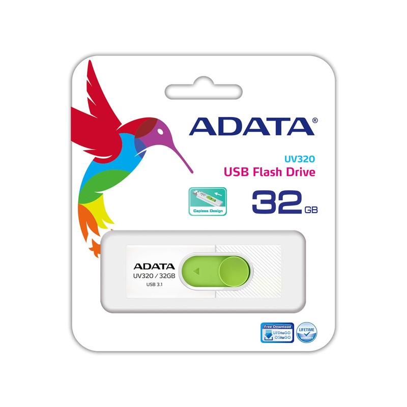 Adata Uv320 32gb White+Green Usb3.0 Flash Drive ( Usb2.0 Backwards Compatible ) Capless Design With Top Thumb Sliding Lid Usb3.0 Read/Write : 40/25 Mb/Sec 55x19.5x10mm Support Linux Mac Os Support Free Ostogo + Ufdtogo + 60days Trial Norton Interne