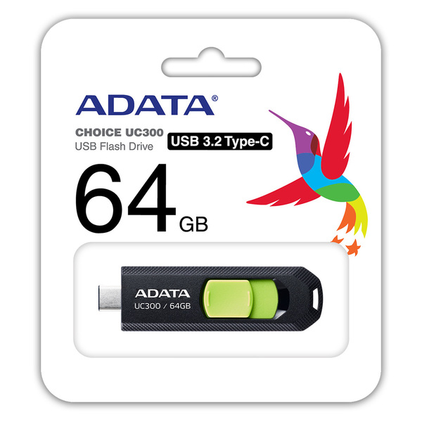 Adata Acho-Uc300-64g-Rbk/Gn 64gb Uc300 Flash Drive With Keyring Loop + Capless Sliding Design Usb3 (Gen1/5gbps) Type-C For Pc Or Mobile Devices Read/Write : 100/15 Mb/Sec 63x20.5x10mm Mini Size Support Linux Mac Os - 5 Years Warranty