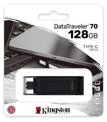 Kingston Dt70/128gb Datatraveler 70 Black 128gb Flash Drive With Keyring Loop Usb3 (Gen1/5gbps) Type-C For Pc Or Mobile Devices Read/Write : 100/15 Mb/Sec 59x18.5x9mm Mini Size Support Linux Mac Os - 5 Years Warranty