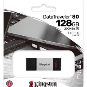 Kingston Dt80m/128gb Datatraveler 80 Flash Drive Sliding Cap Design With Keyring Loop Usb3 (Gen1/5gbps) Type-C For Pc Or Mobile Devices Read : 200mb/Sec 54x22x12mm Compact Size Support Linux Mac Os - 5 Years Warranty