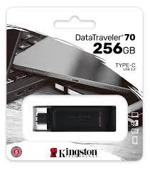 Kingston Dt70/256gb Datatraveler 70 Black 256gb Flash Drive With Keyring Loop Usb3 (Gen1/5gbps) Type-C For Pc Or Mobile Devices Read/Write : 100/15 Mb/Sec 59x18.5x9mm Mini Size Support Linux Mac Os - 5 Years Warranty