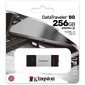 Kingston Dt80/256gb Datatraveler 80 Flash Drive Silver With Metal Casing + Keyring Loop Usb3 (Gen1/5gbps) Type-C For Pc Or Mobile Devices Read/Write : 200/60 Mb/Sec 42x15x6.7mm Compact Size Support Linux Mac Os - 5 Years Warranty