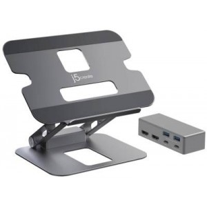 J5 Create Jts426 7-in-1 Foldable Stand with integrated Usb-C Mini Dock, featuring dual hdmi 4k ports @ 6ohz or dual 1080p, two 4Gbpss USB-A Ports and USB-C PD 100w Port designed to improve posture and connectivity