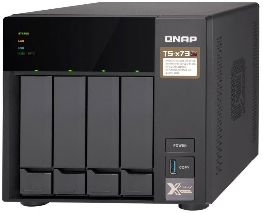 Qnap Ts-473 Multi-Bay Nas ( Support Raid 0/1/5/6/10/Jbod ) - 4x Hot-Swappable Sata 2.5"/3.5" + 2x Ngff/M.2 Sata Ssd - With Amd R-Series Rx-421nd Quad-Core 2.1ghz Up To 3.4ghz Turbo Processor 4gb (2gbx2) Ddr4 So-Dimm ( Up To 64gb ) + 512mb Flash