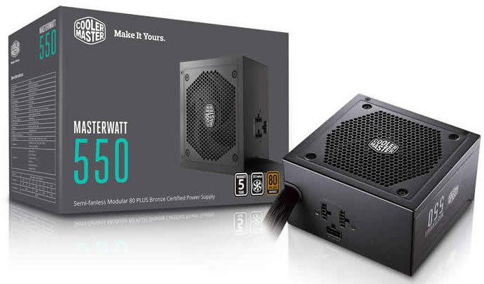 Coolermaster Mpx-5501-Amaab Masterwatt Modular 550w (12v : 550w) Eps12v 2.91 + Atx 12v V2.4 Single 12v Rail 3x Modular Cable Management 6x Sata + 2x 4pin Molex + 2x 8(6+2) Pin Pci-E Power 24pin ( 4 Pin Detachable ) 1x 120mm Lbd Fan With 0 Dba Fanle