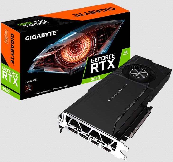 Gigabyte Nvidia Geforce Rtx 3080 Turbo 10 Gb - 2 Slots Required 1x 80mm Blower Fans With All Copper Vapor Chamber Heatsink Back-Sided Heatsink 8nm Pci-E 4.0 16x 10gb 320bit Ddr6x (760gb/Sec Memory Transfer ) Rops : 96 8704 Cuda Cores Tensor / Rt