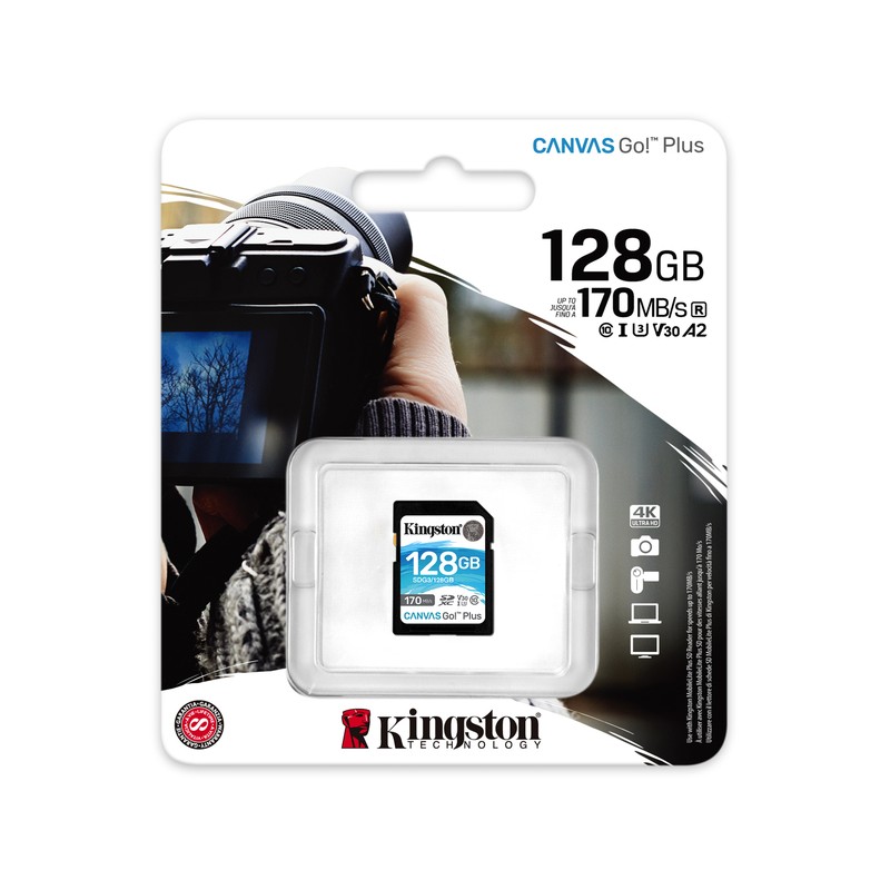 Kingston Sdg3/128gb Sdxc Canvas Go Plus Designed For Hd+Hi-Res Filming With Water/ Temperature/ Shock/ Vibration/ X-Ray Proof ( Secure Digital Extended Capacity 24x32x2.1mm ) Not Compatible With Sdhc Only Camera/Reader Uhs-I U3 V30 A2 With Cprm Rea