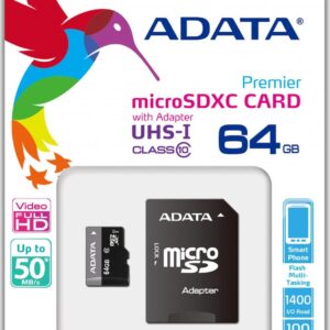 Adata Premier 85/A1 Ausdx64guicl10 85-Ra1 / Ausdx64guicl10a1-Ra1 64gb Microsdxc ( 15x11x1mm ) With Sdxc Adapter Not Compatible With Sdhc Only Camera/Reader - Uhs-I A1 Read/Write : 85/25mb/Sec Mininum Iops Read/Write : 1500/500 - Lifetime Warranty Reta