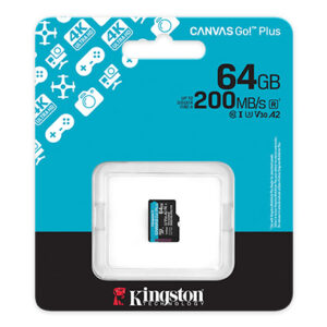 Kingston Canvas Go! Plus Sdcg4/64gb Micro sdxc memory card high performance durable storage solution designed for 4k video recoridng on action cameras, drones and Android devices transfer speeds up to 200mb/s and write 90mb/s