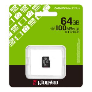Kingston Canvas Select Plus SDCS3/64GB micro sdxc card high speed, storage solution for Android devices, cameras and drones up to 100mb/s read speeds Class 10 UHS-1 and V10 performance for FULL HD video