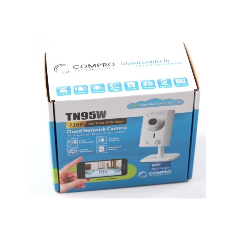 Compro Tn95w Cloud Network Camera ( Ip Camera ) Day And Night Under All Light Condition Via Built-In 6x Ir Led With Ir-Cut Filter With C4home Cloud App Service For Tablet/ Smart Phone/ Web Browser Audio Detection Via Dba Micro Sdhc Card Slot To Store