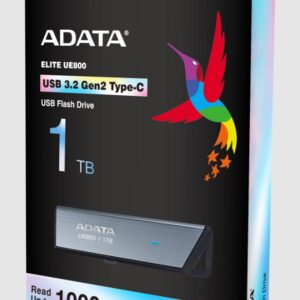Adata Aeli-Ue800-1t-Csg 1tb/1024gb Ue800 Flash Drive With Metal Casing + Keyring Loop Usb3 (Gen2/10gbps) Type-C For Pc Or Mobile Devices Read/Write : 1000/1000 Mb/Sec Capless Sliding Design 73x21x9mm Support Linux Mac Os - 5 Years Warranty