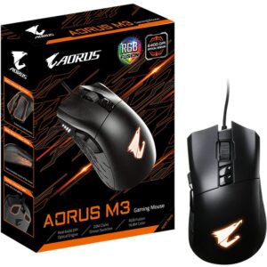 Gigabyte Aorus M3 Optical Gaming Mouse - Black With Customizable Rgb (16.8m Color) On Logo 100g Lightweight Palm / Claw / Fingertip Grip 20 Million Clicks Omron Switch 6 Pogramable Buttons Pixart Pmw3988 50-6400dpi 200ips ( Inch Per Sec ) 50g Acce