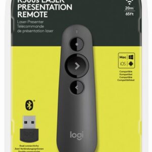 Logitech 910-005843 Cordless Professional Presenter R500 Wifi+Bluetooth Dual Connection - Built-In Vibration Alerts + Red Laser Pointer Ranged 20m For Powerpoint / Keynote / Pdf / Google Slides ; Includes Carry Case