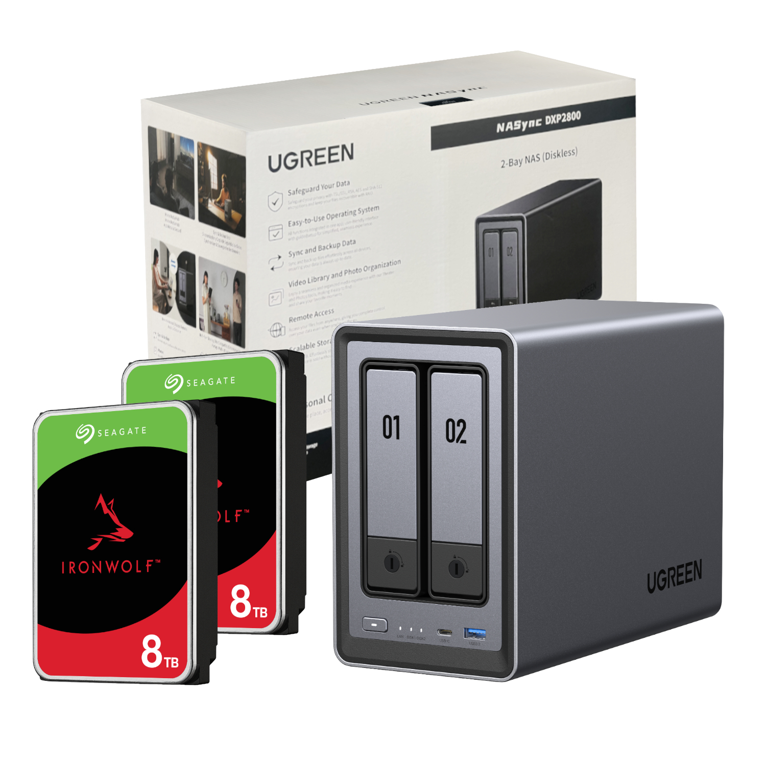 Ugreen Nasync Dxp2800 2 Bay Nas With Seagate Ironwolf Nas 16tb Sata Hard Drive V2 Bundle (2x 8tb)