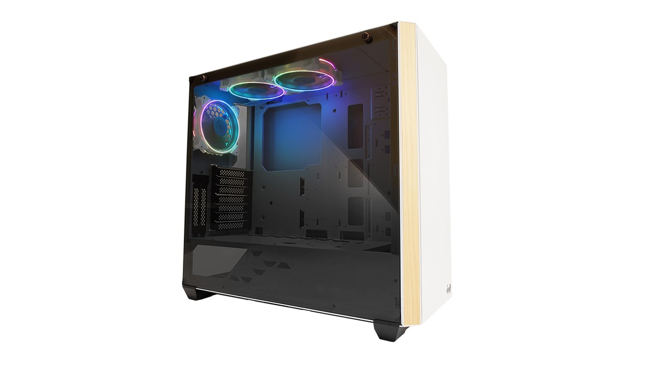In-Win 216 Mid-Tower White Desktop Chassis with tempered glass side panel and rgb - woodgrain front panel (no psu)
