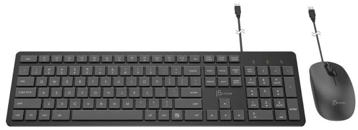 J5create Desktop Jikmu115 Black Full-Size Membrane Kb + 1200dpi Optical Wheel Mouse 12 Multimedia Keys Low-Profile Keyframe - Usb